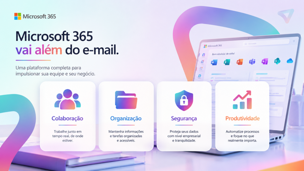 Imagem explicativa sobre o potencial do Microsoft 365 para colaboração, organização, segurança e produtividade nas empresas.